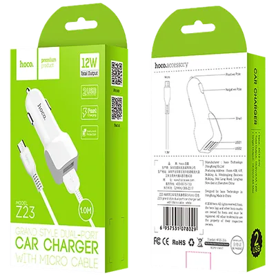 Hoco Auto punjač sa micro USB kabelom, 2 x USB, 5 V/2.4 A - Z23 Grand Style set, micro USB, Bijeli