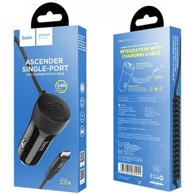 Hoco Auto punjač za Lightning kabelom, 1 x USB, 2.4 A max. - Z21A Ascender Lightning, Crni