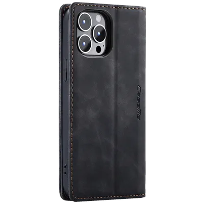 CaseMe Futrola preklopna za iPhone 14 Pro, koža, crna - Flip Leat. Phone Case iPhone 14 Pro, Crna