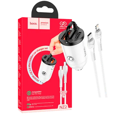 Hoco Auto punjač sa Lightning kabelom, PD + QC3.0, 2 x USB, 4.8 A - NZ2 Link, type C-Lightning, White