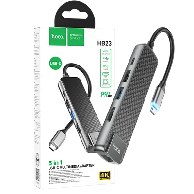 Hoco Konverter USB HUB type C to USB3.0/USB2.0/HDMI/RJ45/PD - HB23 Easy view, Sivi