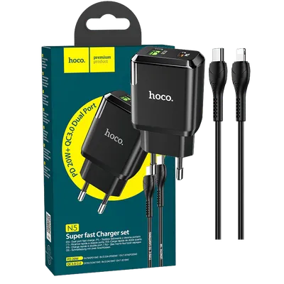 Hoco. Punjač kućni sa Lightning kabelom, brzi, PD 20W, QC3.0 18W - N5 Favor, Lightning, Black