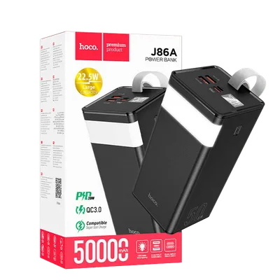 Hoco Punjač prijenosni sa lampom, 50000mAh, brzi QC/PD, 3A - J86A Powermaster, Crni