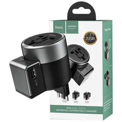 Hoco Punjač Travel, univerzalni, EU/UK/US/AU, 2 x USB,2.5 A - AC4 Dual port rotating charging, Crni