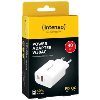 Intenso Punjač kučni, brzi, 1 x USB-A, 1 x UCB-C, 3A, 30W - Power Adapter W30AC, Bijeli