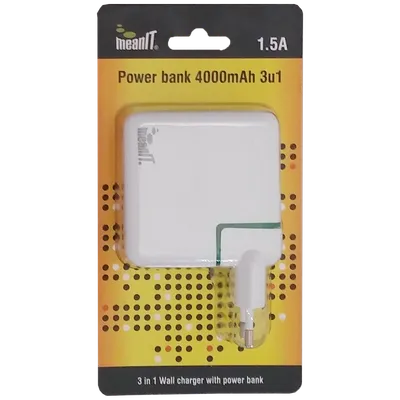 MeanIT Punjač prijenosni za mobitele + LED svjetiljka, 4000mAh - POWER BANK 4000mAh, 3IN1, Bijeli
