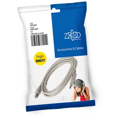 ZED electronic USB kabl za printer, dužina 3.0 metra - USB-AB/3, Sivi