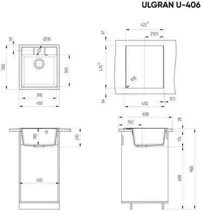 Granitni sudoper U406 450x500mm sa INOX lučnom slavinom