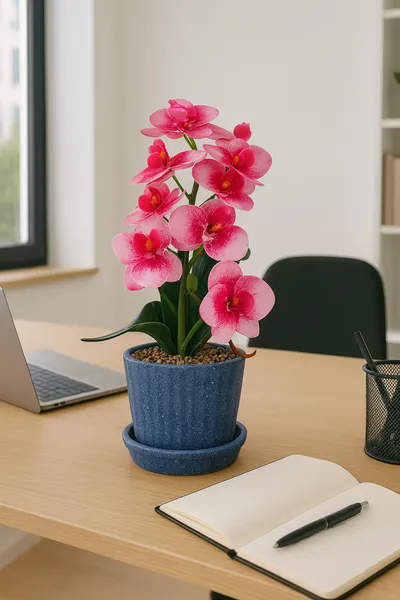 ORCHIDÉA dekorativna umjetna orhideja u plavoj keramičkoj saksiji