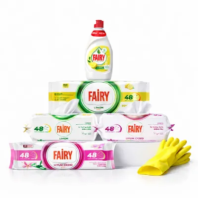 FAIRY MEGA PAKET 6u1 - Maramice Limun i Lily + Mop maramice + Tečnost za suđe 450 ml + Rukavice