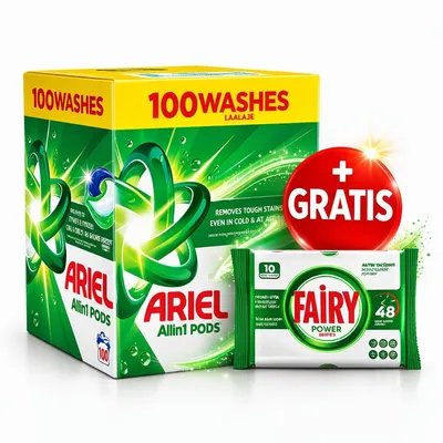 Ariel All in 1 Pods 100 kapsula + GRATIS Fairy Power vlažne maramice 10 kom