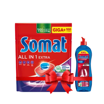 Somat All in 1 Extra 100 kom + Rinser 750ml GRATIS tablete za mašinsko pranje suđa