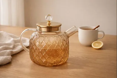 Previllage stakleni čajnik amber sa metalnim poklopcem i filterom - 1,5 L