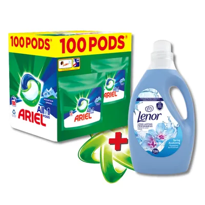 ARIEL Allin1 100 kapsula + LENOR 126 pranja Mountain Spring set za pranje veša