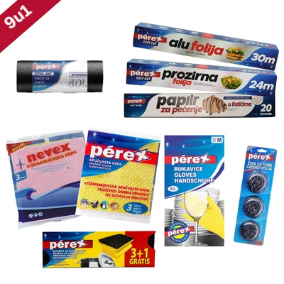 PEREX 9u1 Set – krpe, sunđeri, rukavice, kese, žica, folije i papir za pečenje