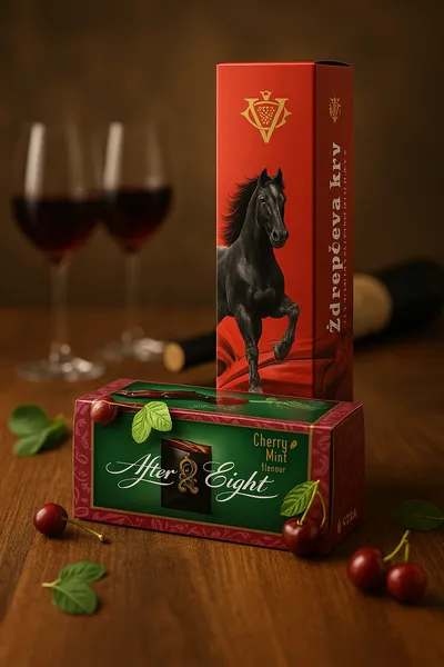 Poklon set – Ždrepčeva Krv vino 0.75L + After Eight Cherry čokolada 200g