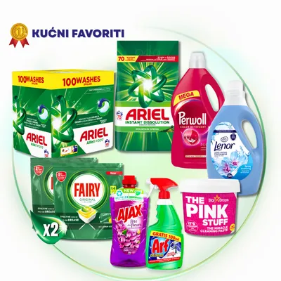 MEGA porodični paket – Ariel, Perwoll, Lenor + Fairy, Ajax, Arf, Pink Pasta (9/1) za pranje veša, suđa i održavanje doma