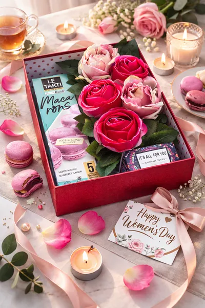 FLORA - Luksuzni poklon set (svijeća, ruže i macarons)