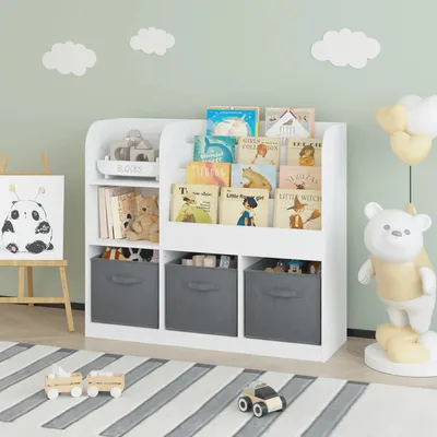 DJečiji organizator KINDER HOME, polica za knjige sa policama za igračke i knjige, 3 tekstilne kutije, drveni, beli, 92x30x80 cm, Montesori