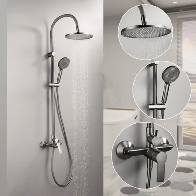 Inter Ceramic tuš sa usponom 1F, Ručka za tuš 3F, Slavina Alisado, Sa podesivim silikonskim držačem za tuš, Gun Gray