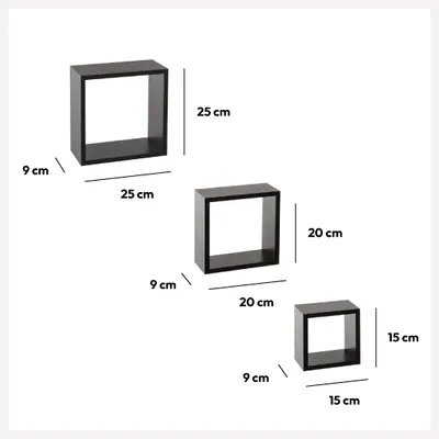 FIVE Zidne police u obliku kocke, 3 kom. FIXY 15x9x15, 20x9x20, 25x9x25cm mdf, crne