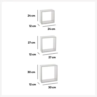 FIVE Zidne police u obliku kocke, 3 kom. FIXY 24x12x24, 27x12x27, 30x12x30cm mdf, bijela