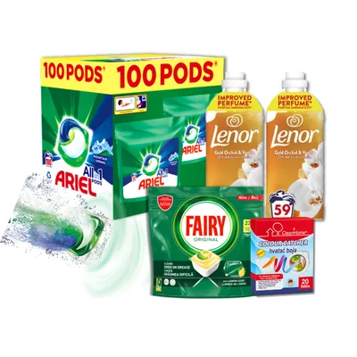 ARIEL XXL paket – 100 kapsula + LENOR Gold Orchid Vanilla 2×1,239L (118 pranja) + FAIRY 22 tablete + Colour Catcher 20 listića za pranje veša i posuđa