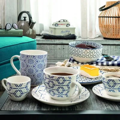 Tognana Set šoljica i tanjirića za čaj Metropolis Down Town ME085025669, 6 komada, 270 ml, Plavo-bijeli