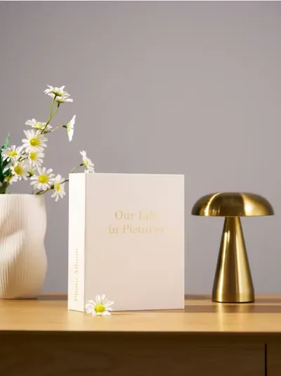 Foto album sa zlatnim natpisom "Our Life in Pictures"