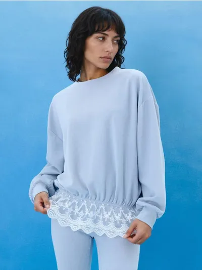 Rebrasta crewneck dukserica ležernog kroja s čipkom