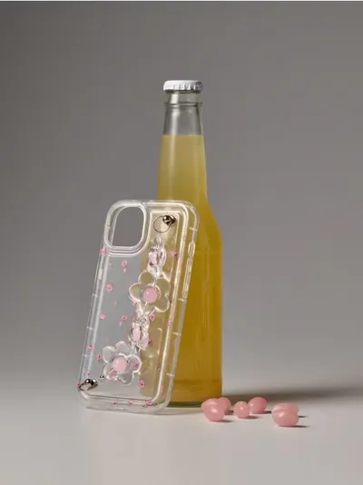 Prozirna maska za iPhone 13/14 s cvjetnim motivom i privjeskom u obliku cvijeta