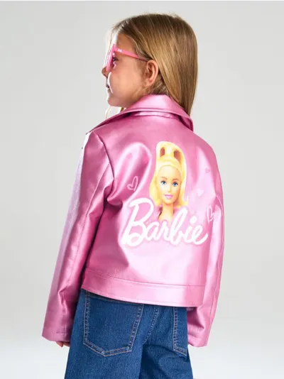 Sjajna biker jakna od imitacije kože s printom na leđima Barbie