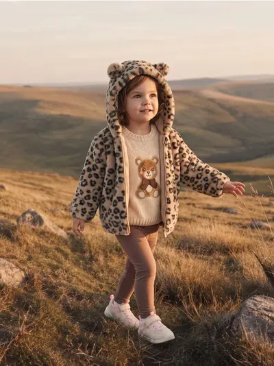 Jakna od umjetnog krzna s kapuljačom i leopard uzorkom