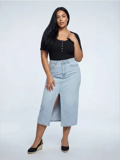 Teksas midi suknja sa prorezom plus size