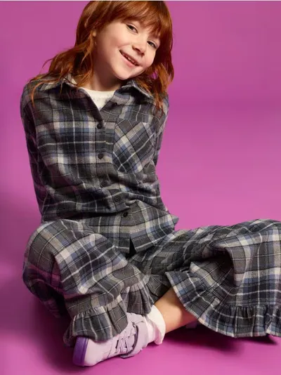 Flanel hlače wide leg sa volanom na karirani uzorak