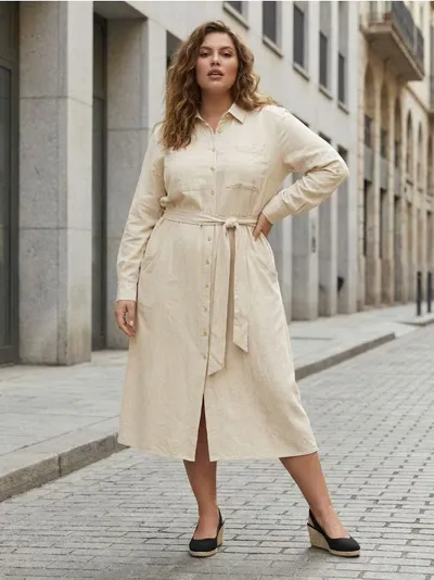 Viskozna košulja midi haljina s dodatkom lana PLUS SIZE