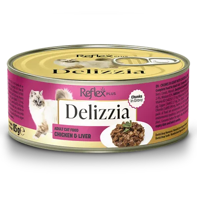Delizzia komadići piletine i jetrice u umaku hrana za odrasle mačke 85 g