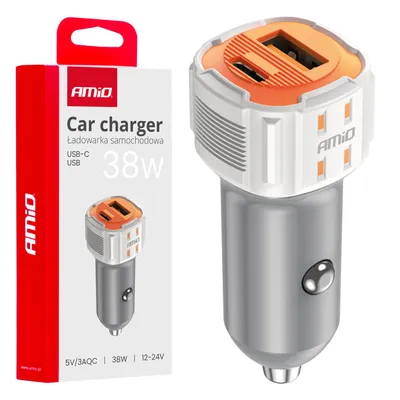 Auto punjač USB-A USB-C 38W AMIO bijeli