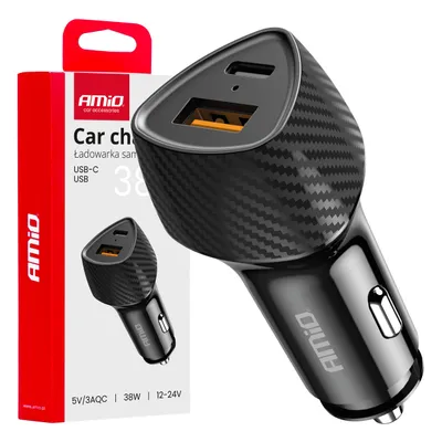 Auto punjač USB-A USB-C QC PD 38W AMIO crni