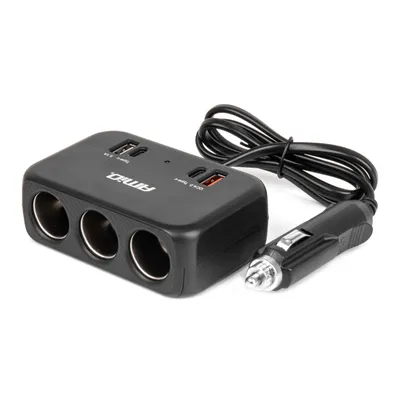 Produžni razdjelnik za auto upaljač sa tri utičnice i USB-A USB-C priključcima 80cm AMIO