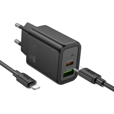 Punjač USB-A USB-C 30W sa Lightning kablom HOCO N63 1m crni