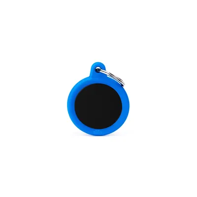 MYFAMILY HUSHTAG ALUMINIUM BLACK ROUND + BLUE RUBBER, Privjesak za graviranje za ljubimce