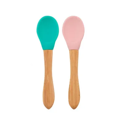 Minikoioi silikonska kašika Bamboo Scoops 2kom, Zelena/Roza