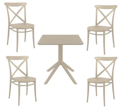 SIESTA vrtni set 4 stolice + stol Ø80 – Cross & Sky, bež, za balkon i terasu