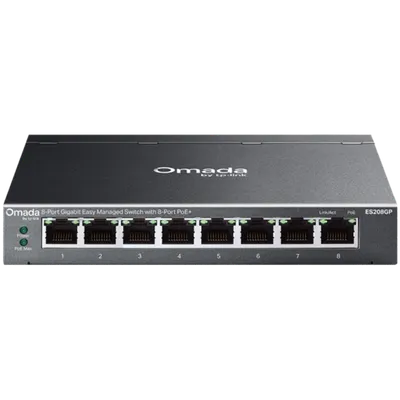 TP-Link ES208GP Omada 8-Port Gigabit Easy Managed Switch with 8-Port PoE+, 8x G PoE+ Ports, 802.3at/af, 64 W PoE Power,  Desktop Steel Case and Fanless,Omada App